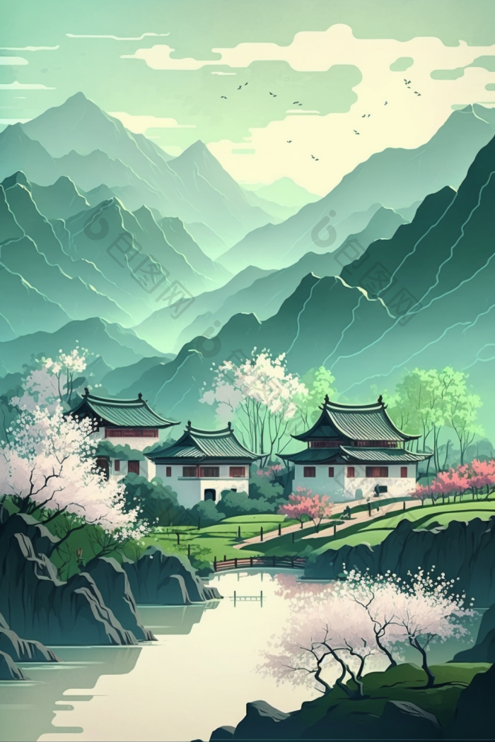春天山水中国插画图片-包图网
