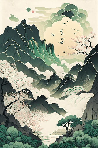 春天山水中国风格传统水彩插画云图片