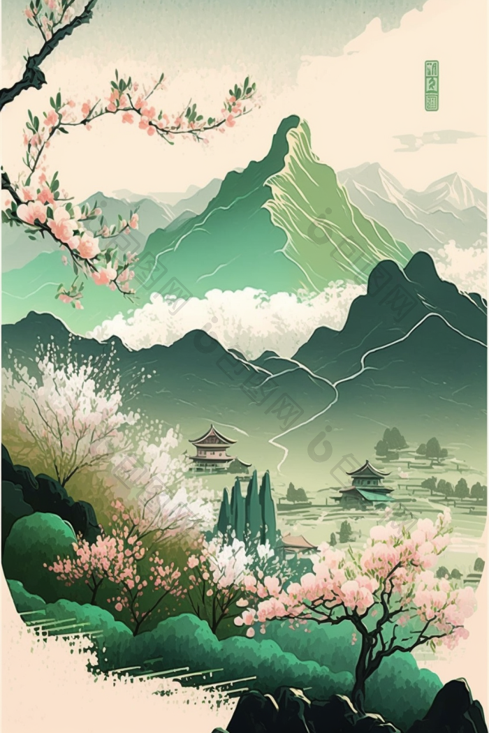 春天山水云中国插画图片-包图网
