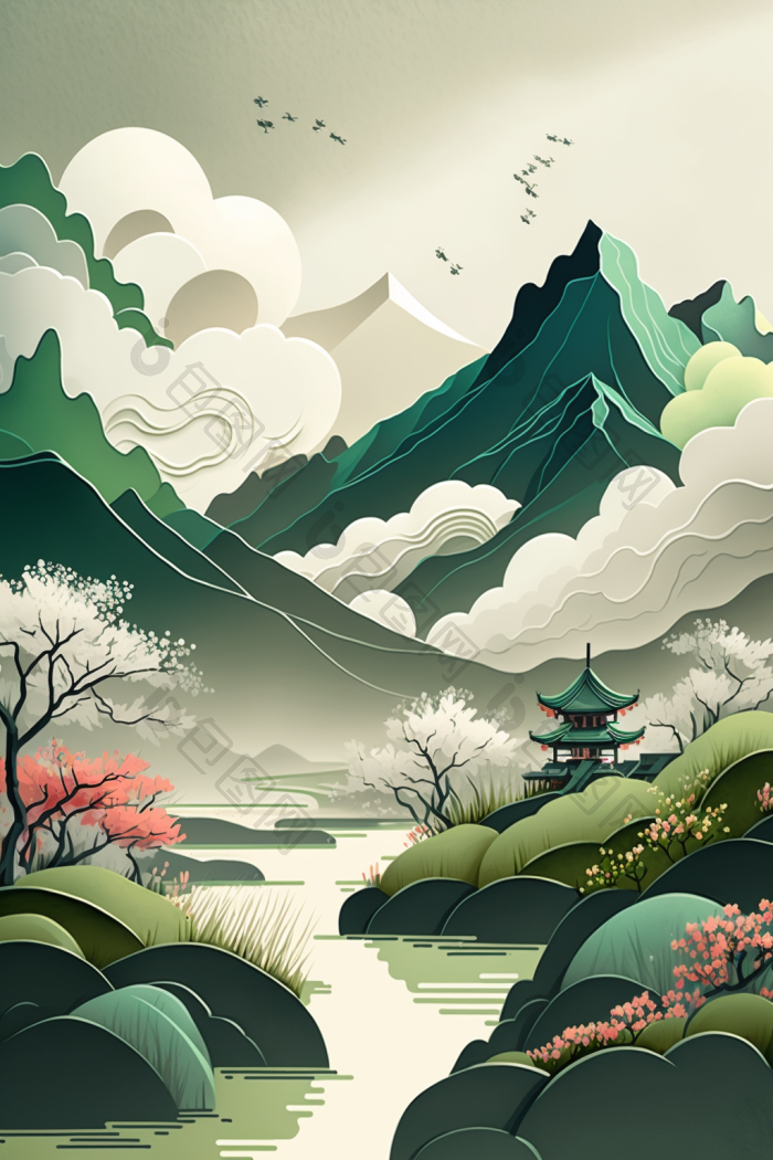 春天云山水中国插画图片-包图网