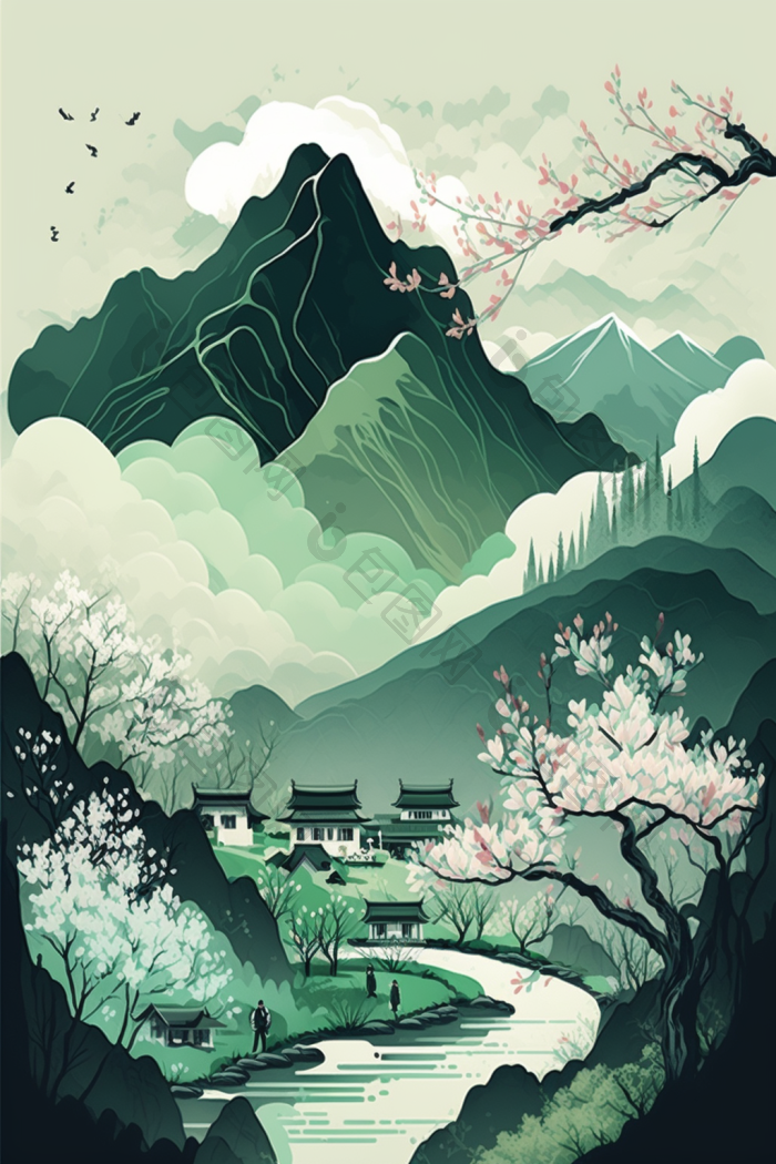 春天山水中国插画明亮图片-包图网