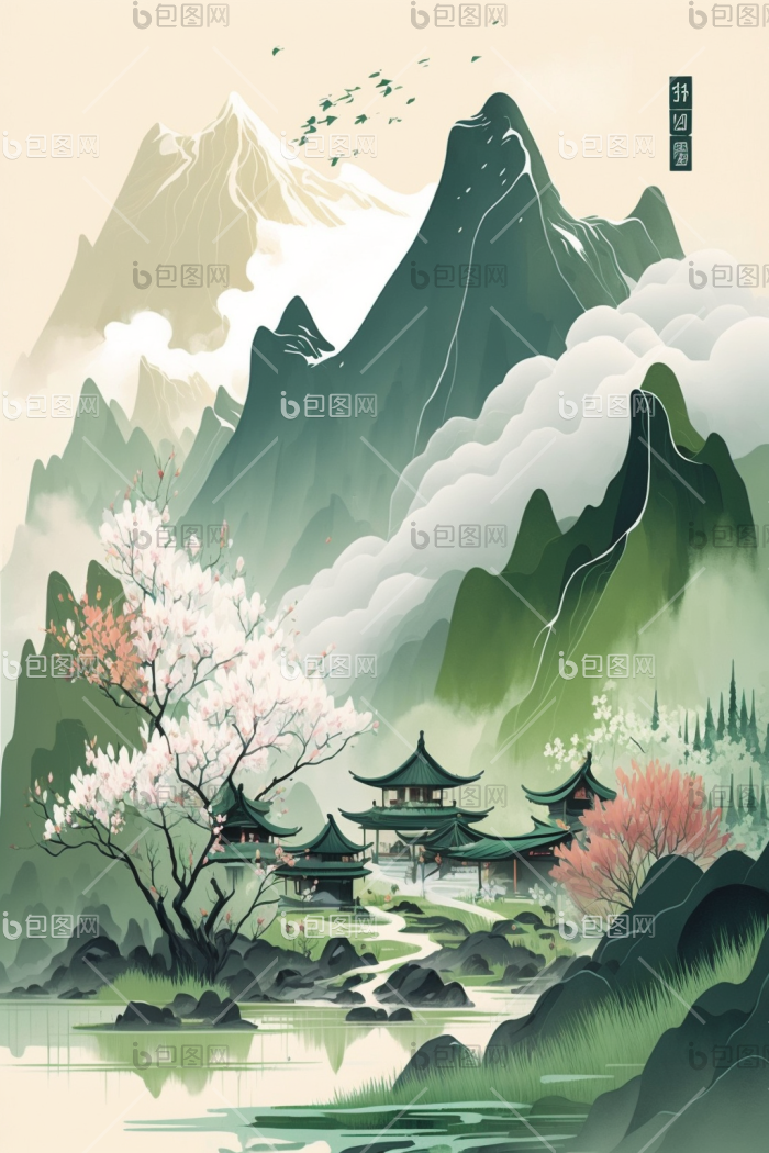 春天山水明亮中国插画图片-包图网