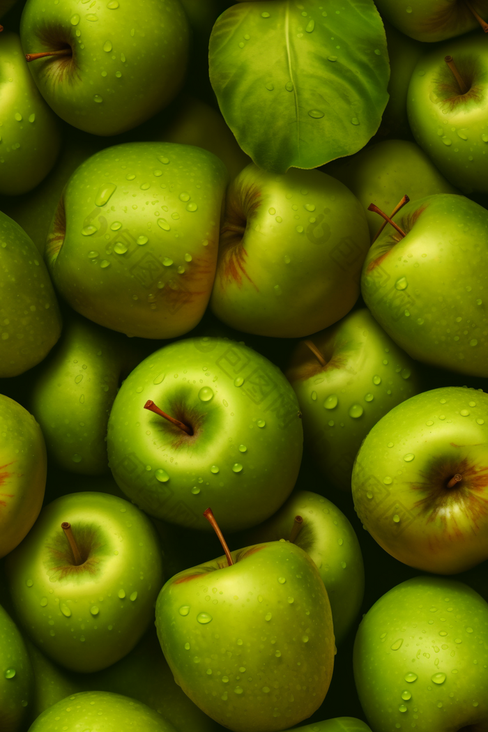 绿色清洗水果苹果水滴背景摄影图特写摄影