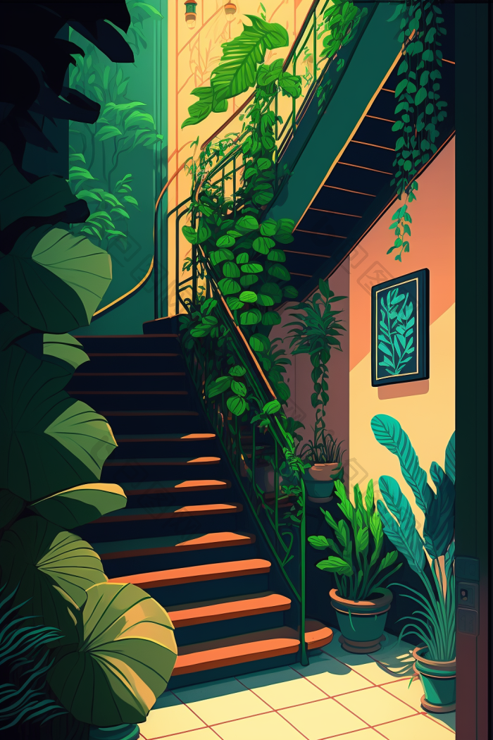 楼梯绿植生活植物风插画图片-包图网