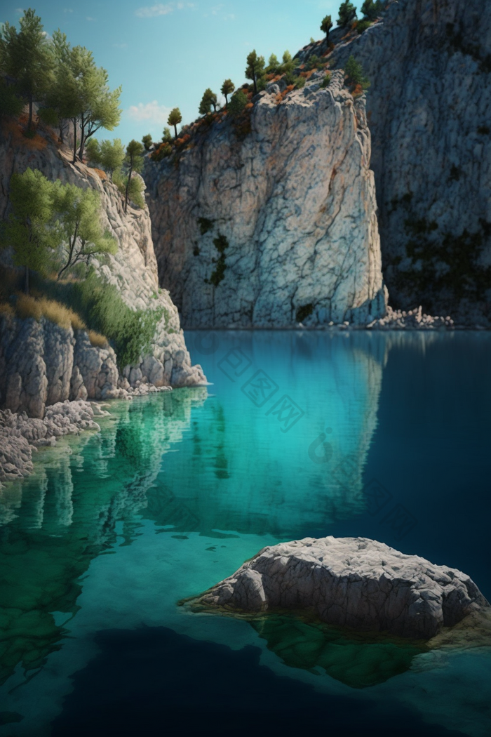 清澈的干净悬崖下的湖水摄影图