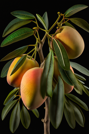 拍摄芒果挂在树上生长的水果摄影图