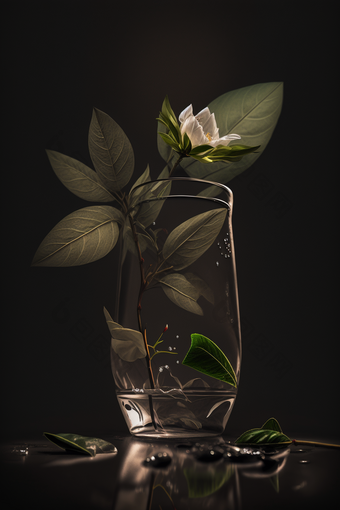 深色背景花瓶里面有叶子的花摄影图白色花
