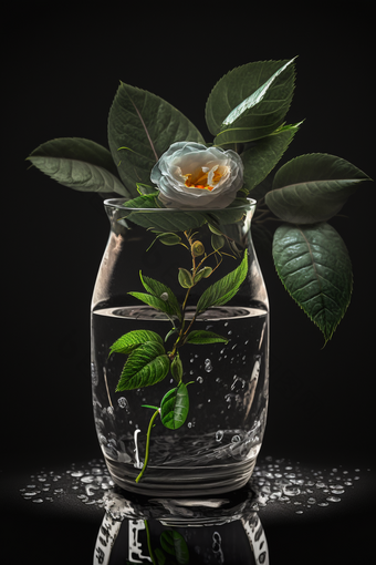 背景中花瓶里面有叶子的花白色花摄影图