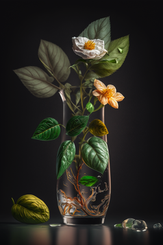 背景中白色花花瓶里面有叶子的花摄影图