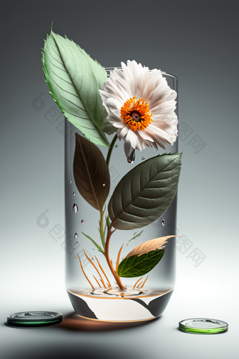 白色花背景中花瓶里面有叶子的花摄影图