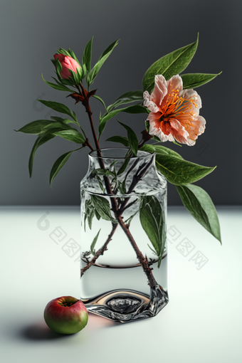 背景中花瓶里面有叶子的花摄影图桃花商业摄影