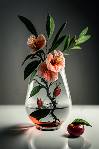 背景中花瓶里面桃花有叶子的花摄影图