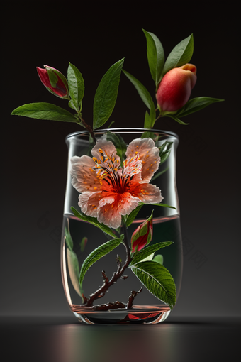 背景中花瓶里面有叶子的花摄影图桃花
