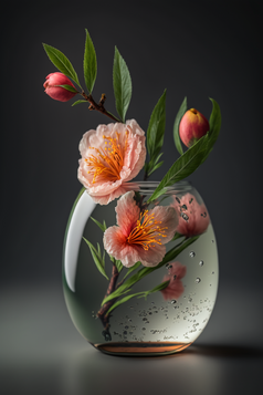 深色背景花瓶里面有叶子的桃花摄影图
