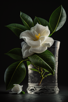 深色背景花瓶里面有叶子的栀子花摄影图