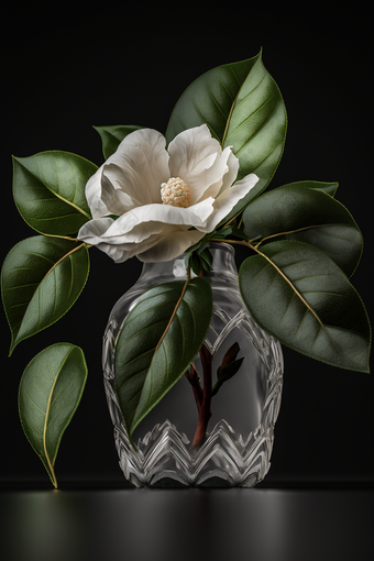 深色背景栀子花花瓶里面有叶子的摄影图