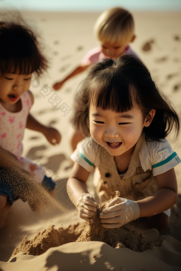 亚洲男孩亚洲女孩玩沙子海滩摄影图