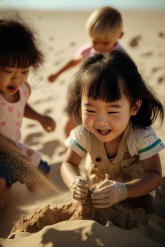 亚洲男孩亚洲女孩玩<strong>沙子</strong>海滩摄影图