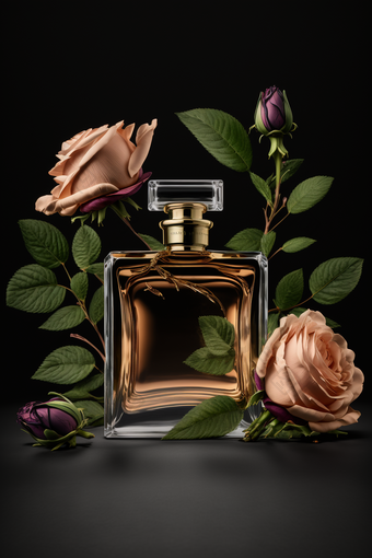 香水玫瑰花叶子深色背景广告商务摄影摄影数字艺术