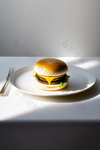 白色餐盘上的<strong>美食</strong>汉堡摄影图数字艺术66