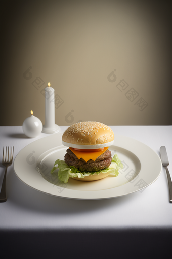 白色餐盘上的美食汉堡<strong>餐厅</strong>晚餐