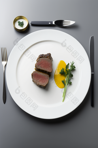 白色餐盘上的美食牛排肉专业