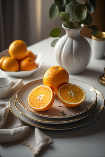 白色餐盘上的美食橘子水果晚餐