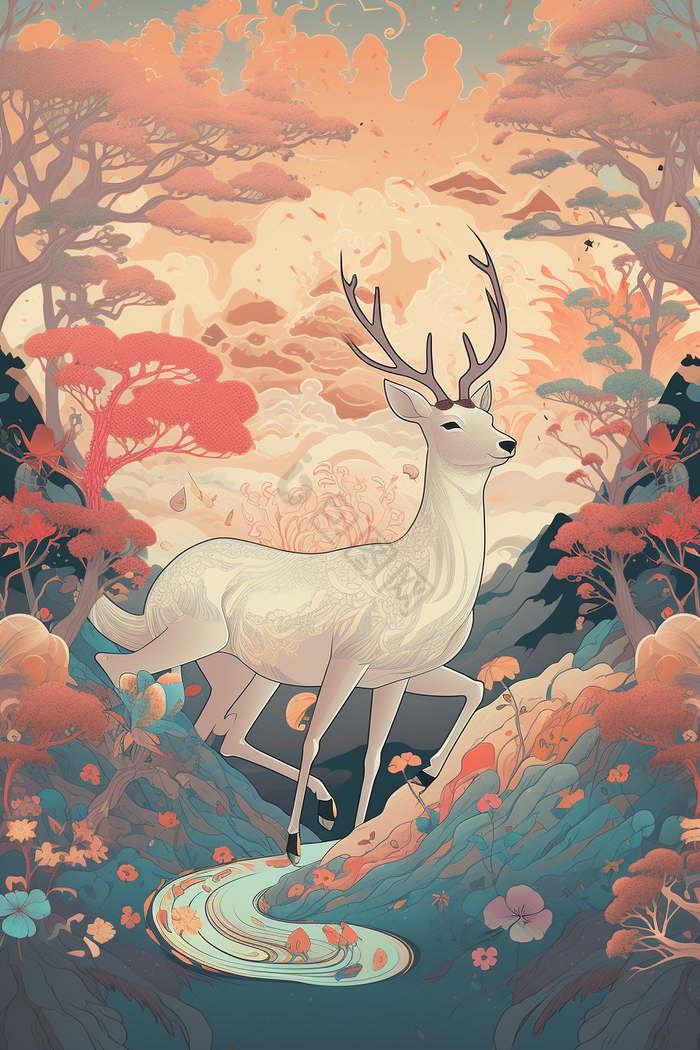 白鹿动物国风鹿光插画