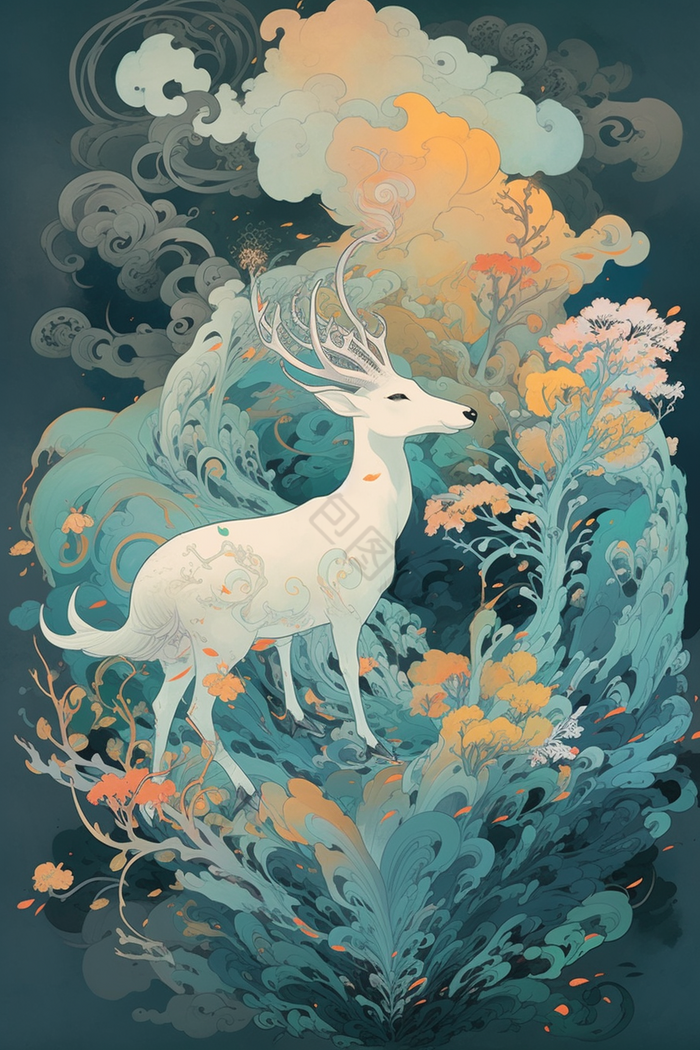 白鹿动物国风鹿神兽插画