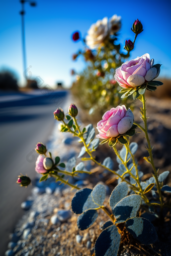 路边天空明亮玫瑰高清8k摄影野花寓意