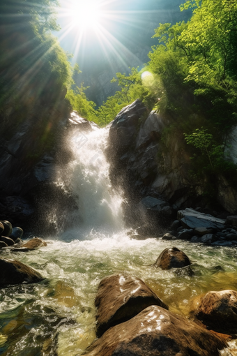 阳光夏季瀑布活力泉水