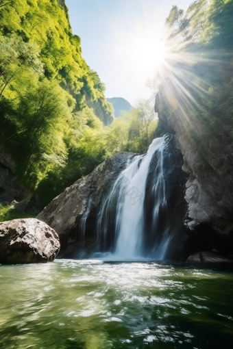 阳光夏季瀑布风景活力绿色