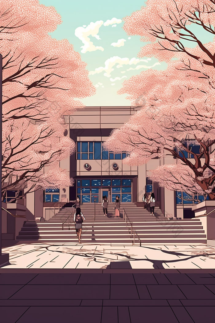 校园樱花树上学路大门口风景插画图片-包图网