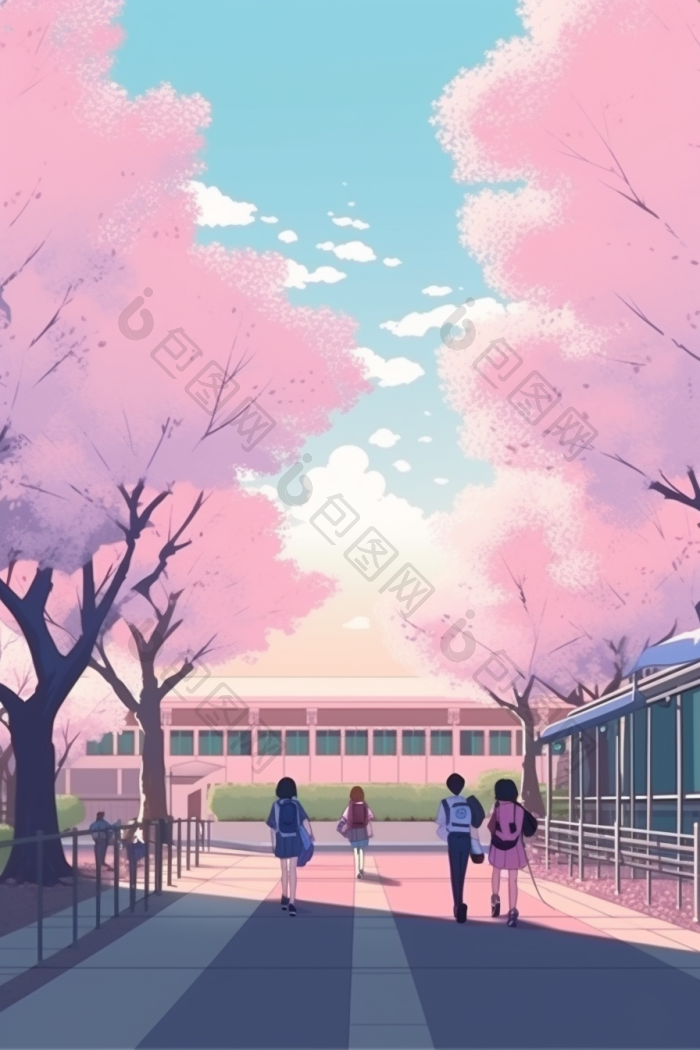 校园樱花树上学路入口大门口插画图片-包图网