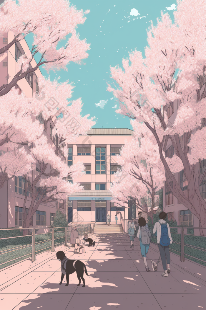 校园樱花树上学路入口风景插画图片-包图网