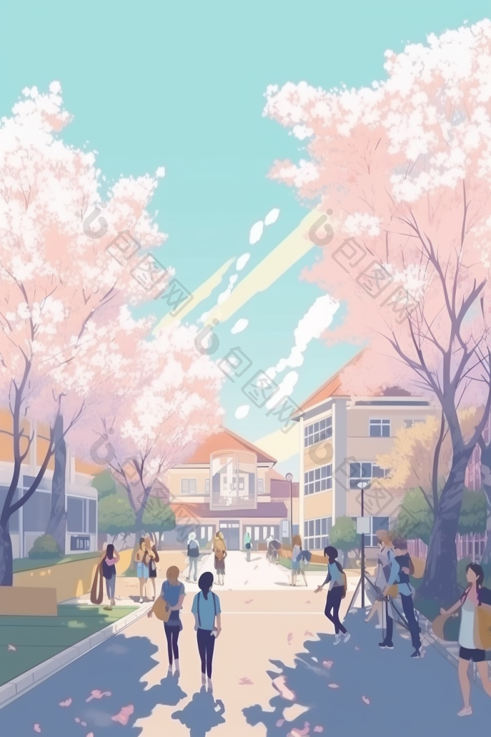 校园樱花树上学路入口学校插画图片-包图网