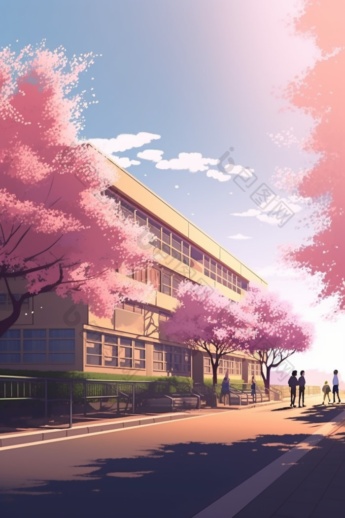 校园樱花树上学路大门口蓝天插画图片-包图网