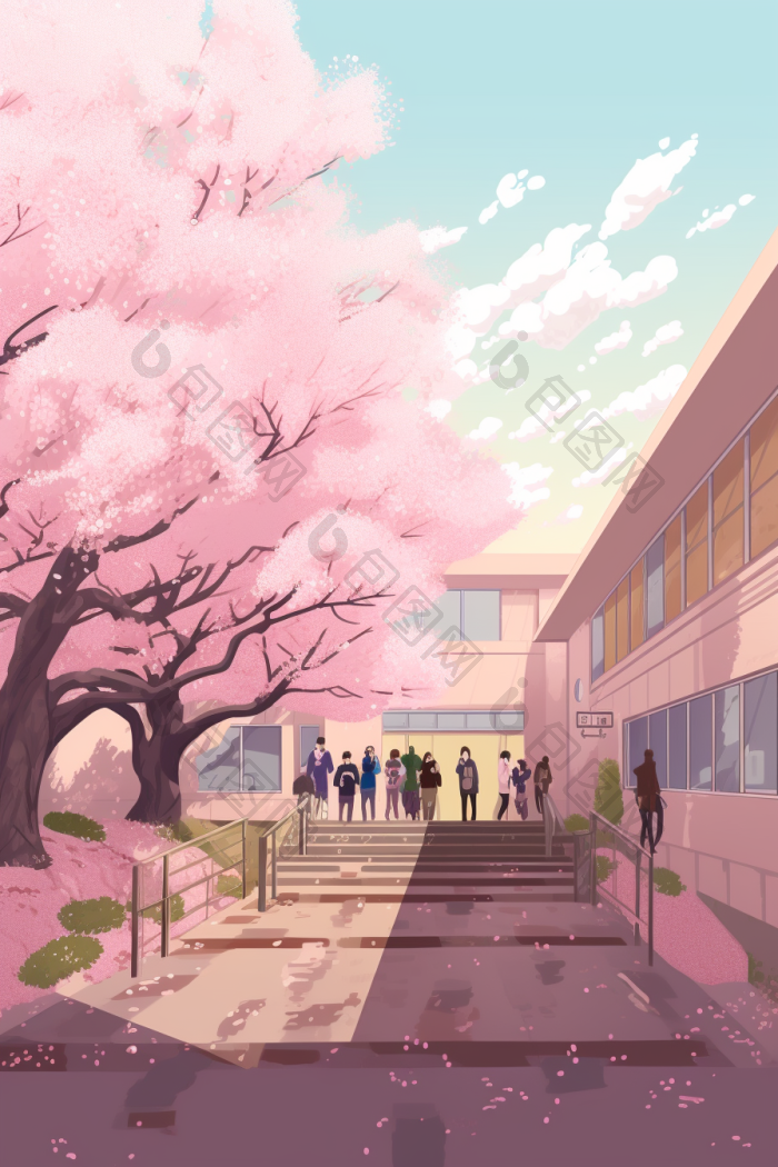 校园樱花树上学路大门口学校插画图片-包图网