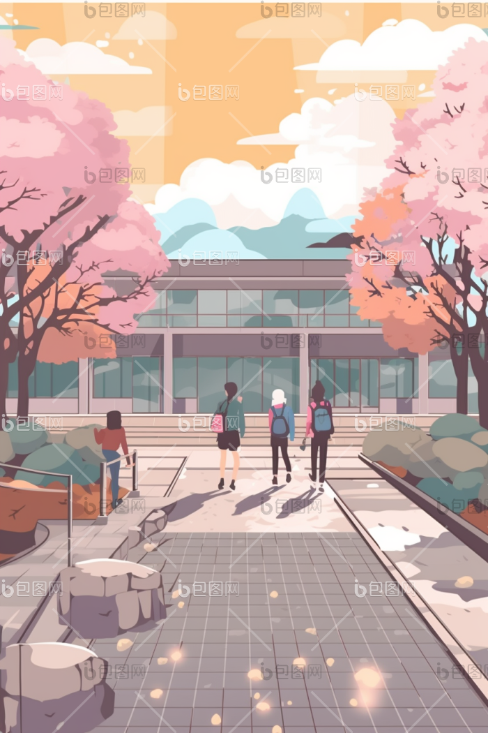 校园樱花树上学路学生风景插画图片-包图网
