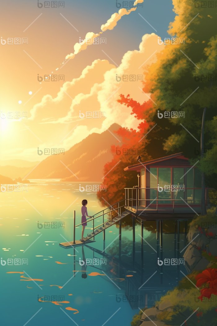 插画日落观看湖泊风景高清图片下载-包图网
