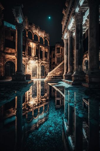 古代建筑灯光反射古水
