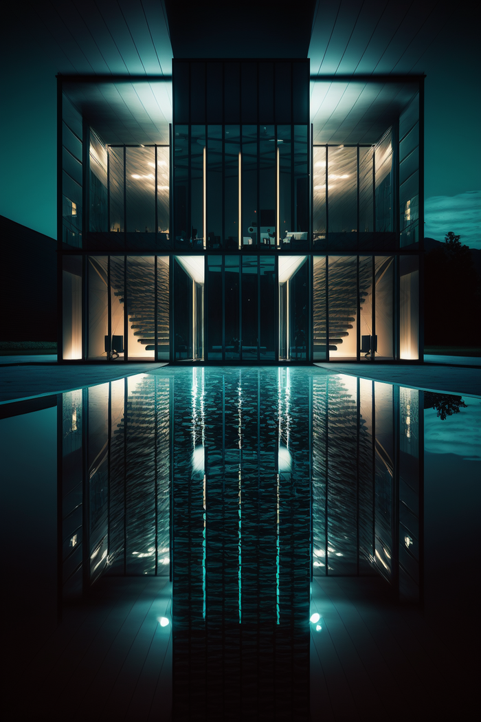 现代建筑灯光反射夜晚水