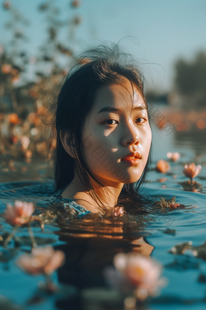 水中的漂亮女人中国氛围