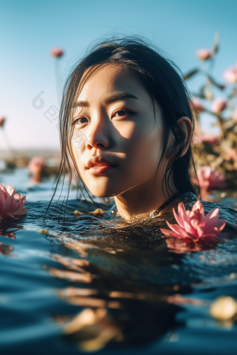 水中的漂亮女人中国花海