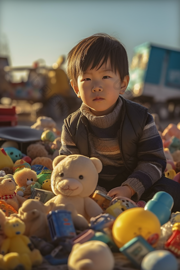 户外玩具小男孩光影中国肖像