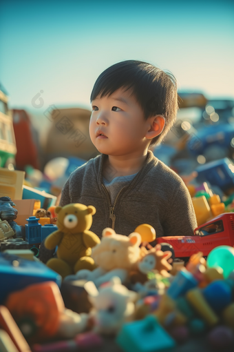 户外玩具小男孩光影中国小孩肖像