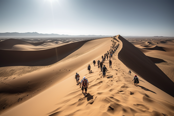 人们穿过沙漠通过风景