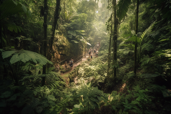 人们穿过<strong>热带雨林</strong>树风景