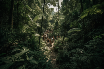 人们穿过热带雨林通过树木