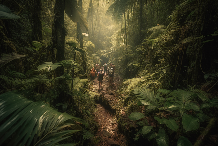 人们穿过热带雨林路过植物